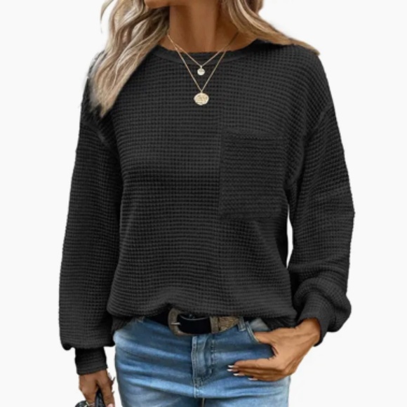 Waffle Solid Color Pocket Casual Top - Picture 1 of 2